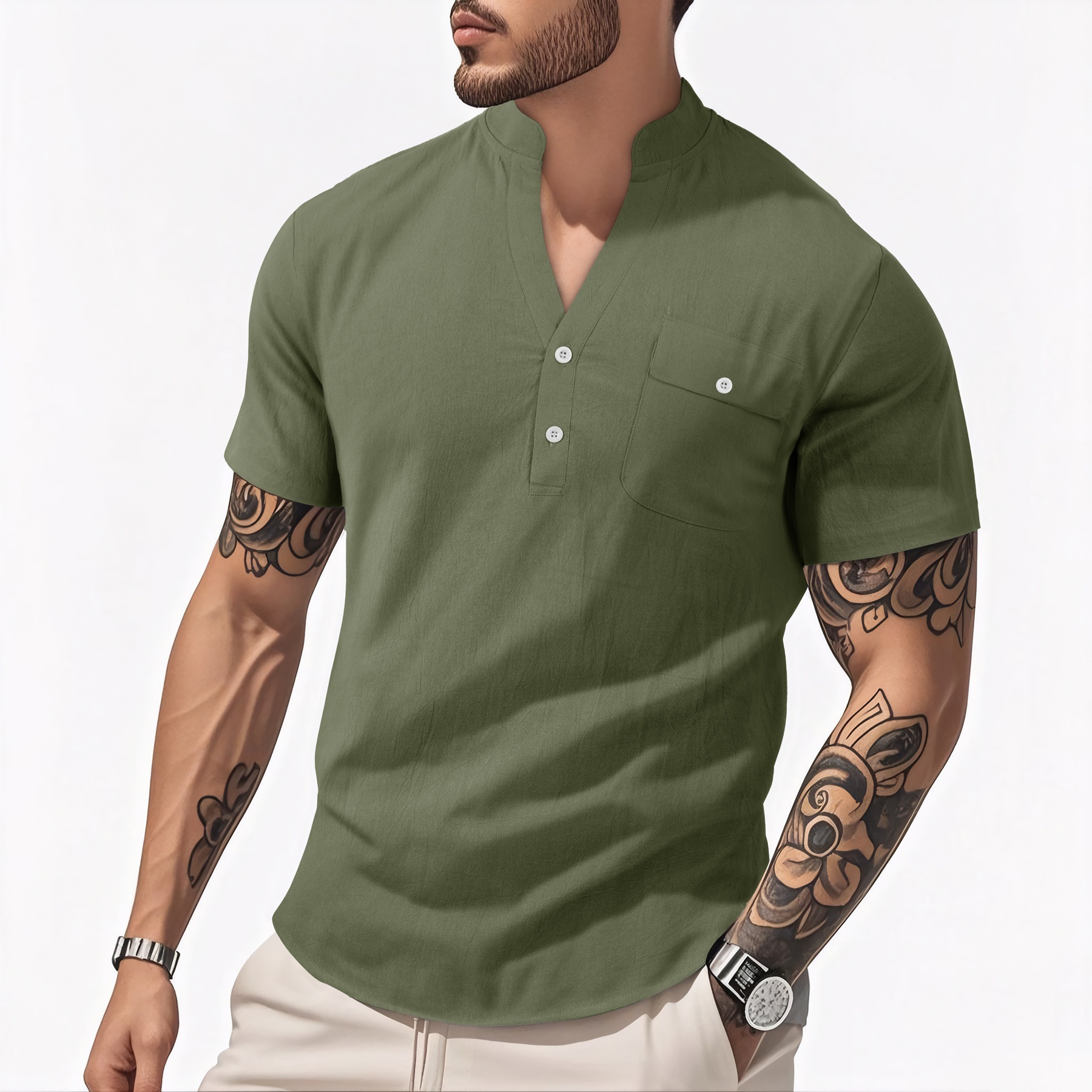 Men's Casual Linen Blend Henley Shirt Short Sleeve