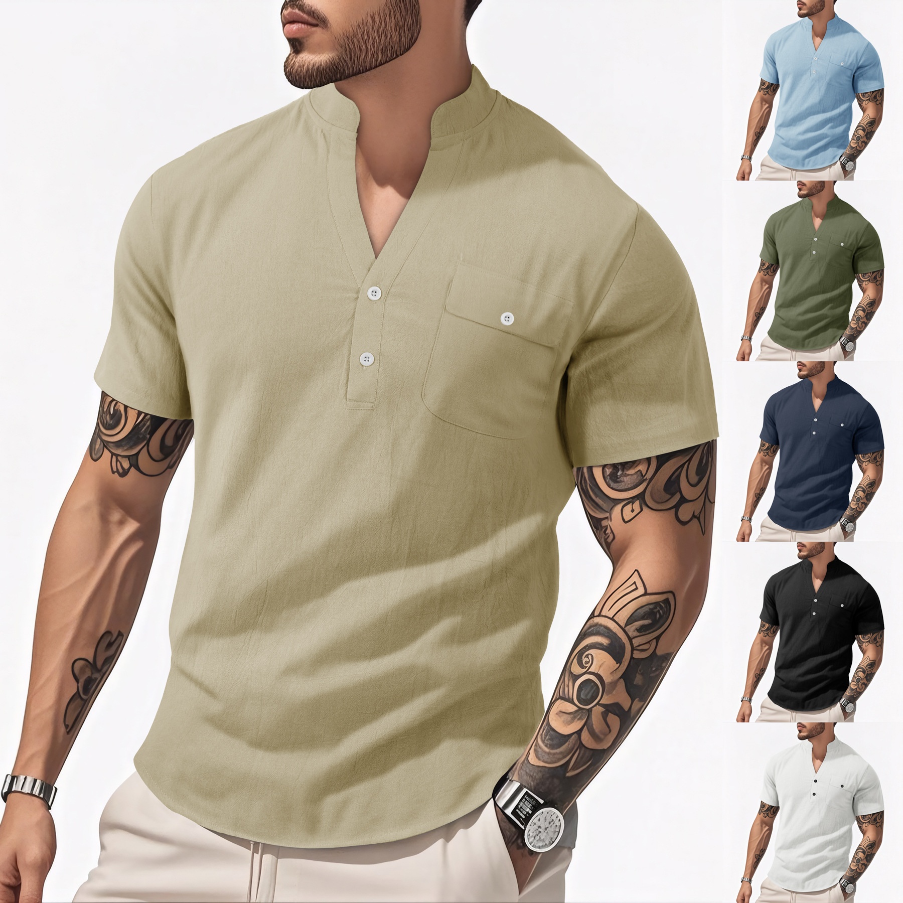 Men's Casual Linen Blend Henley Shirt Short Sleeve