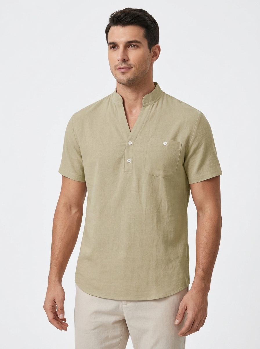 Men's Casual Linen Blend Henley Shirt Short Sleeve