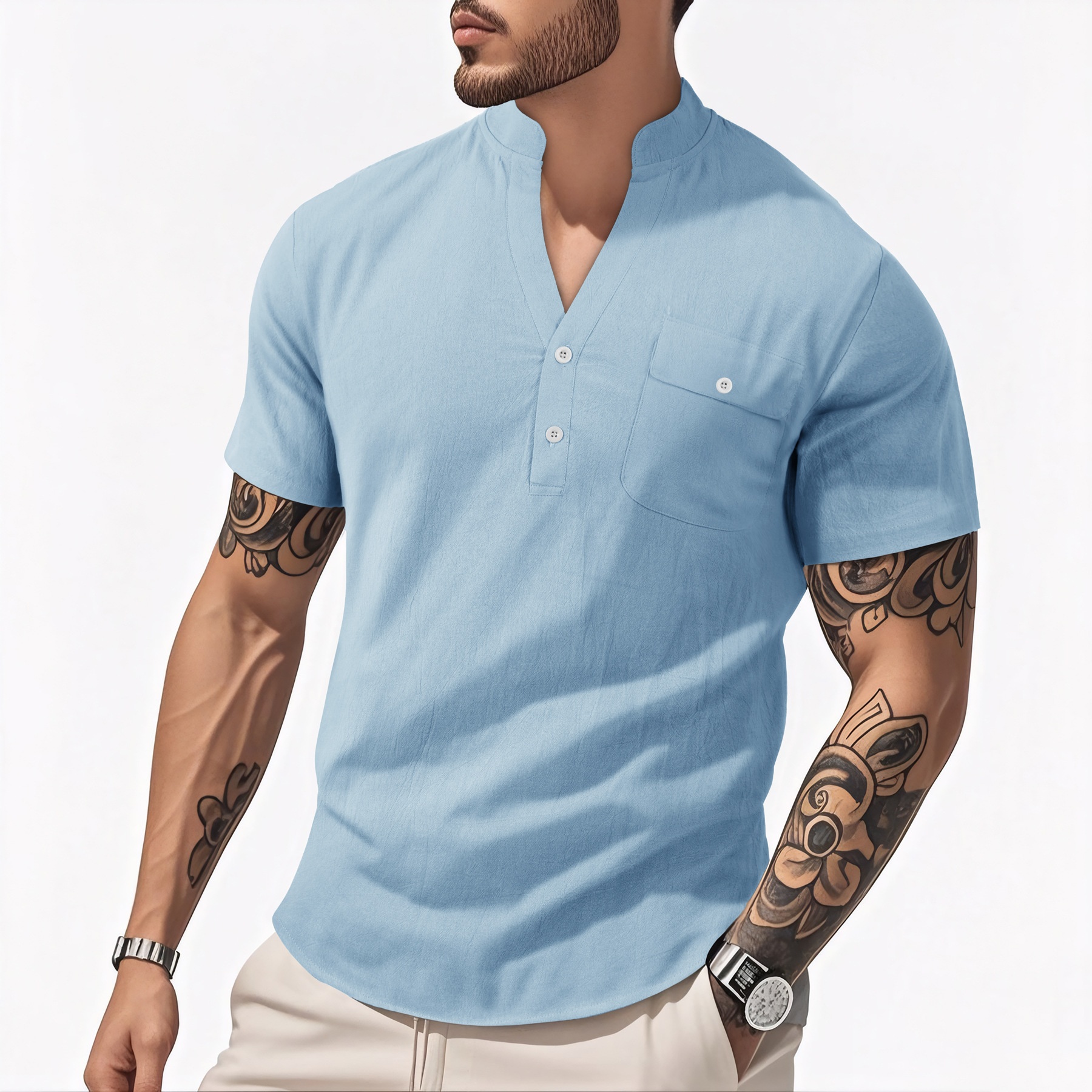 Men's Casual Linen Blend Henley Shirt Short Sleeve