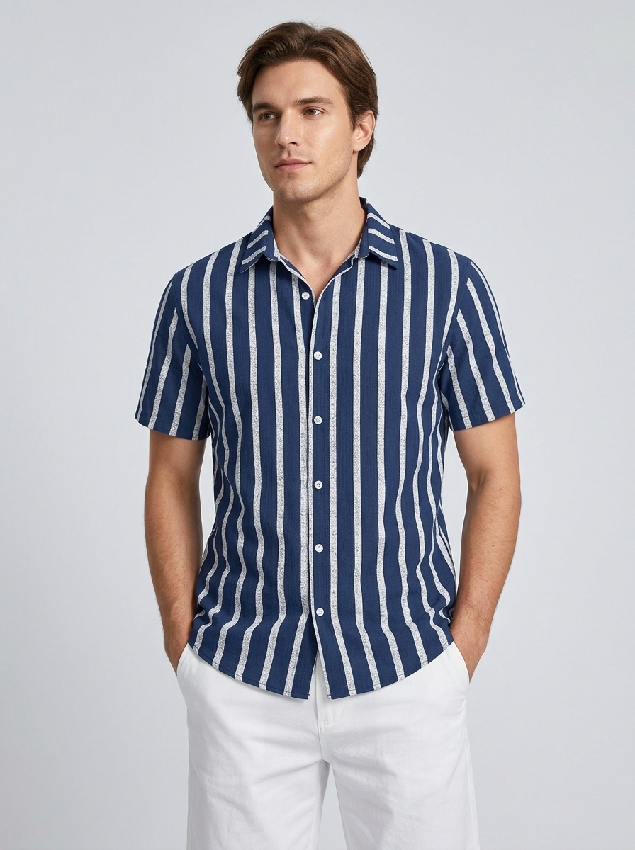 Men's Striped Blend Short Sleeve Casual Shirt