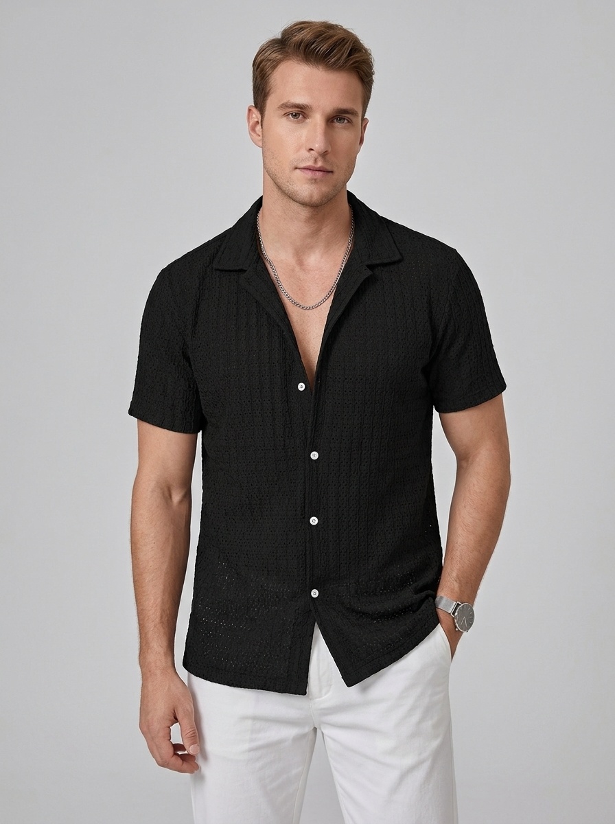 Men's Textured Knit Short Sleeve Button Up Shirt