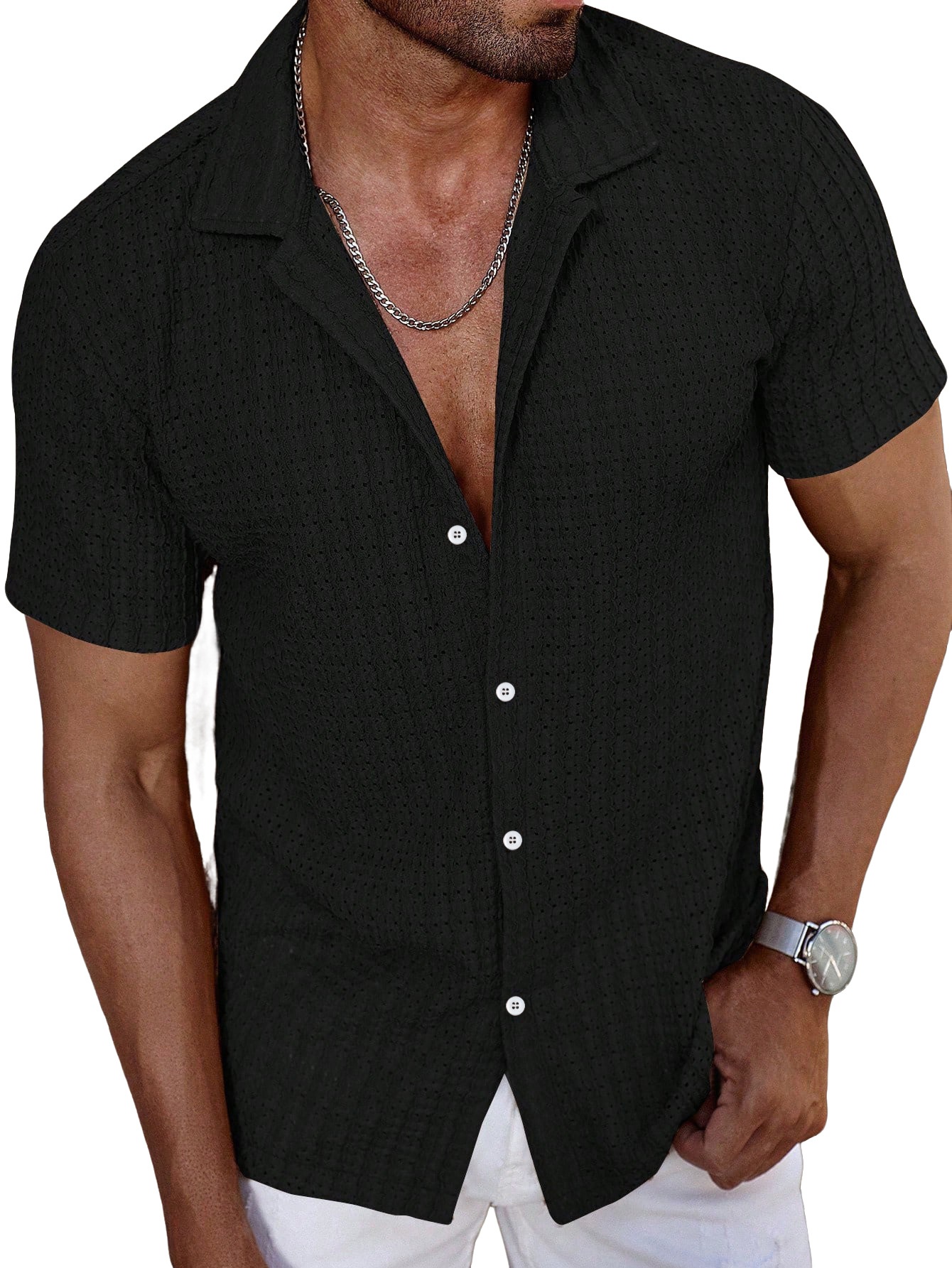 Men's Textured Knit Short Sleeve Button Up Shirt