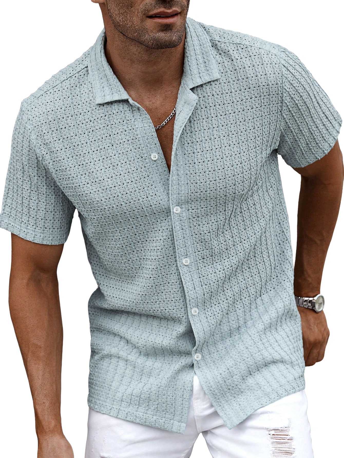 Men's Textured Knit Short Sleeve Button Up Shirt