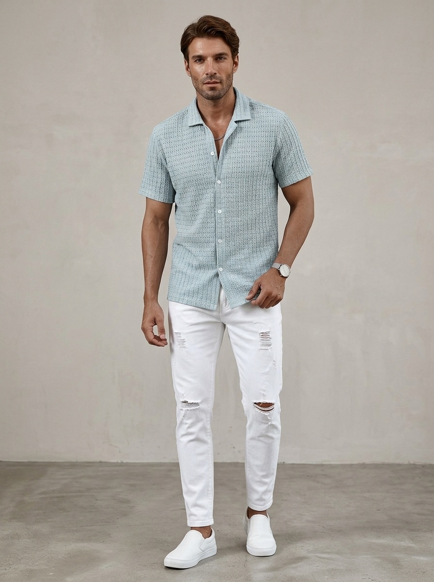 Men's Textured Knit Short Sleeve Button Up Shirt