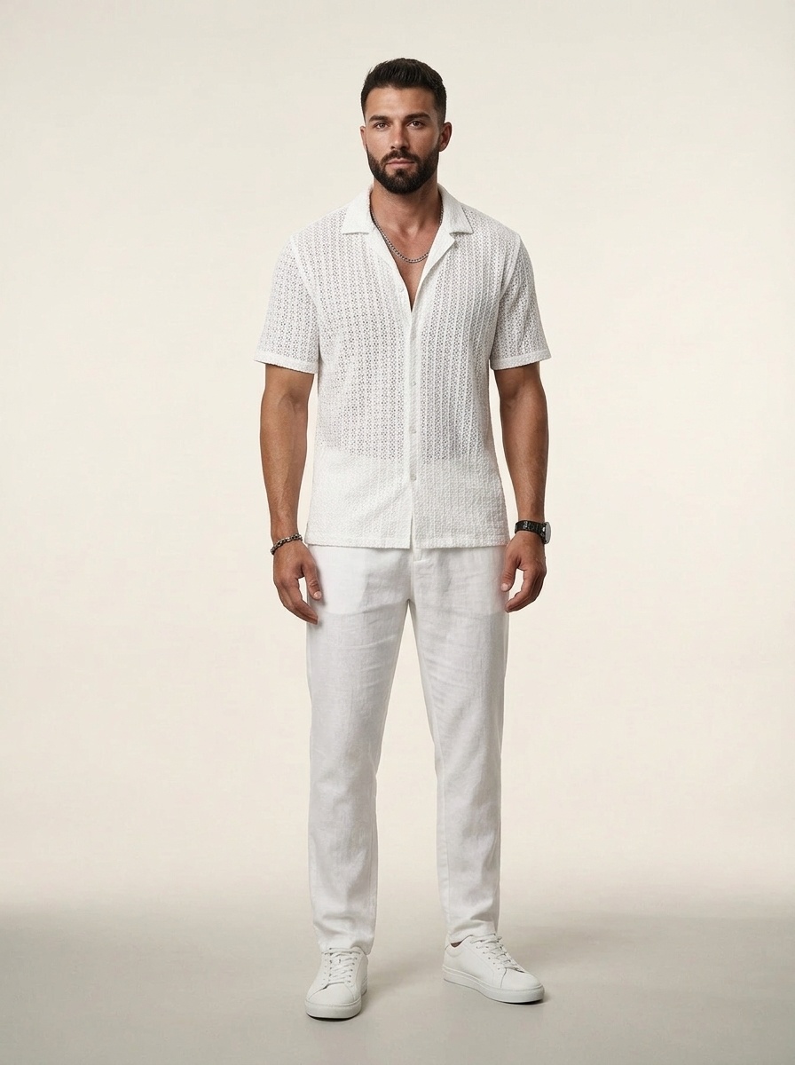 Men's Textured Knit Short Sleeve Button Up Shirt