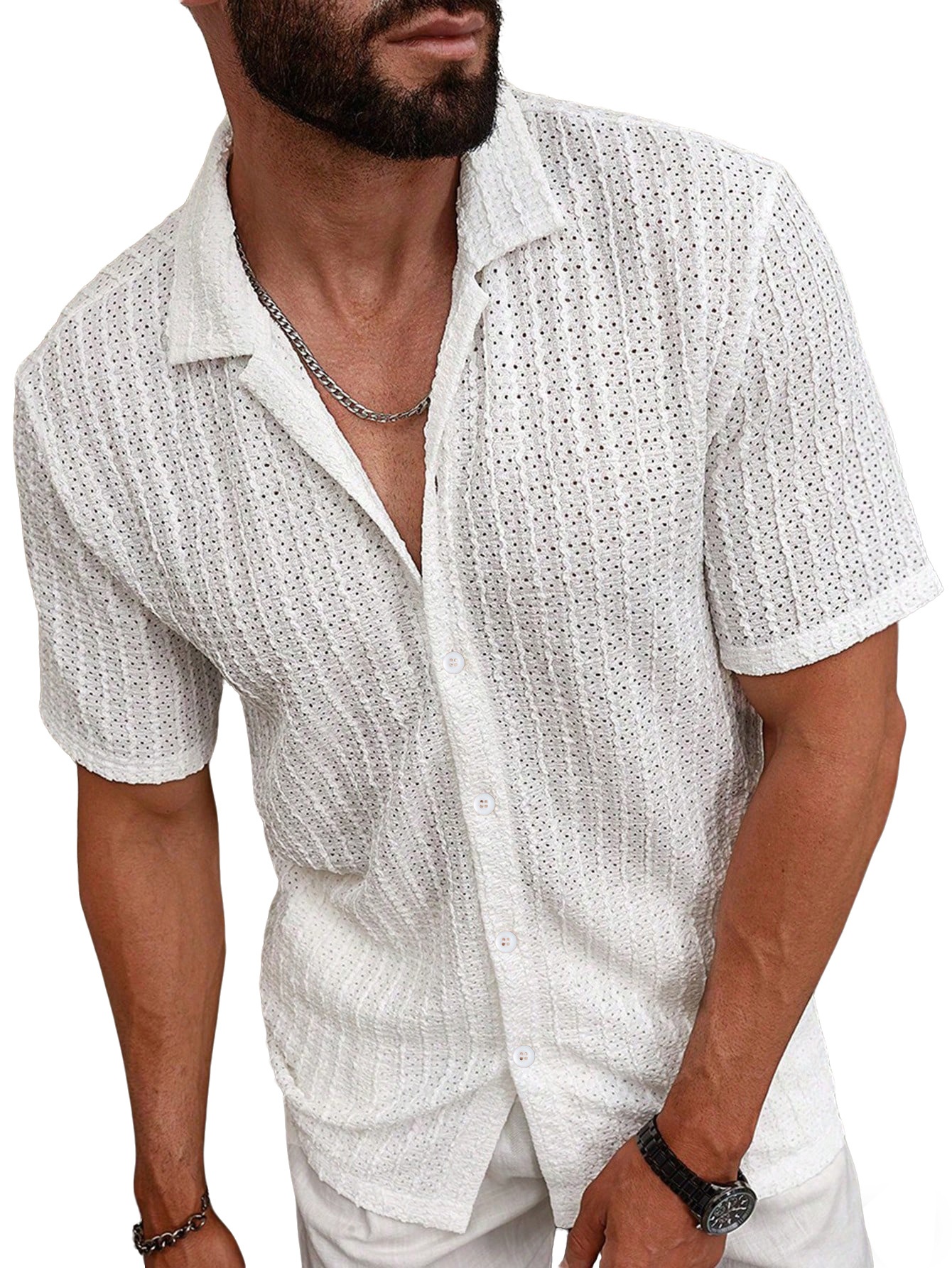Men's Textured Knit Short Sleeve Button Up Shirt