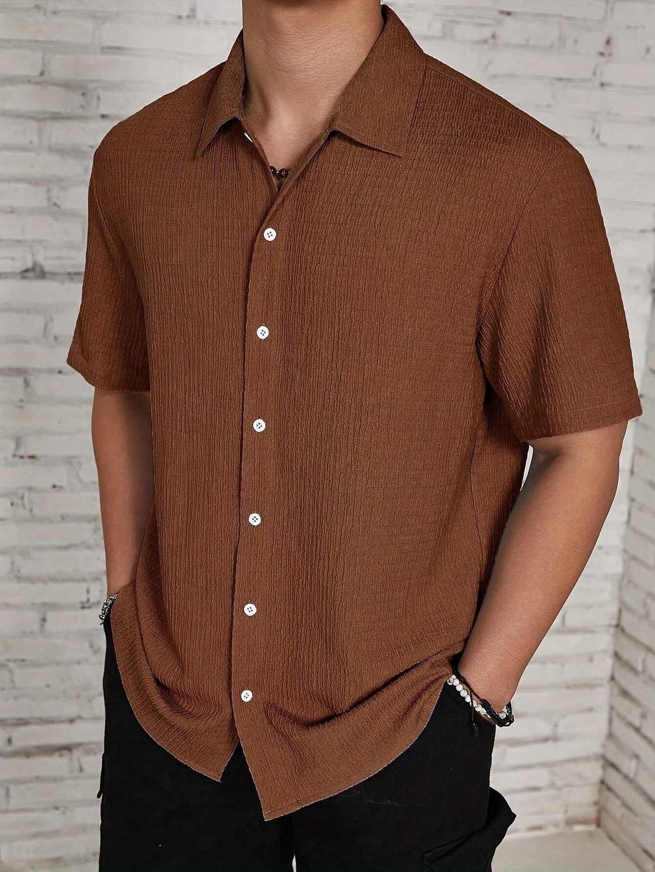 Men's Textured Cuban Collar Short Sleeve Button Up Shirt