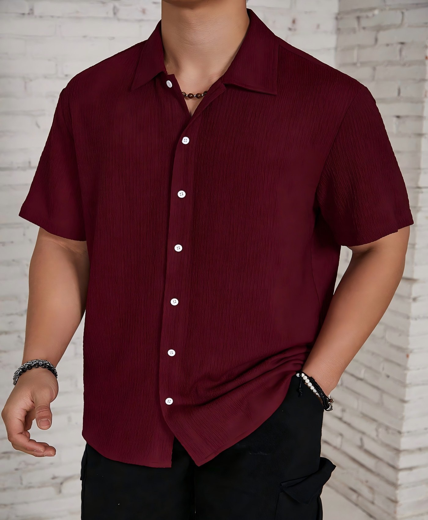 Men's Textured Cuban Collar Short Sleeve Button Up Shirt