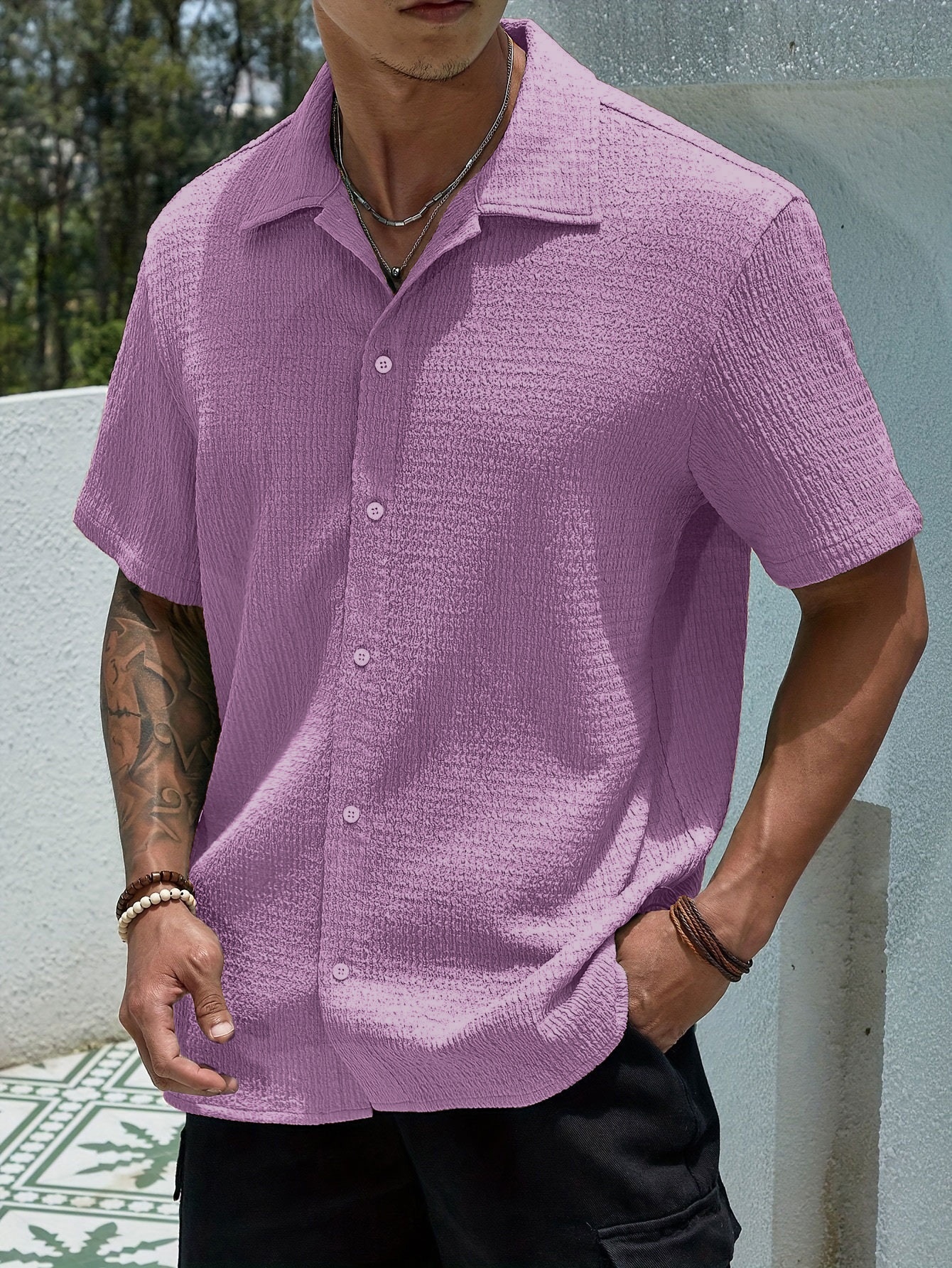 Men's Textured Cuban Collar Short Sleeve Button Up Shirt