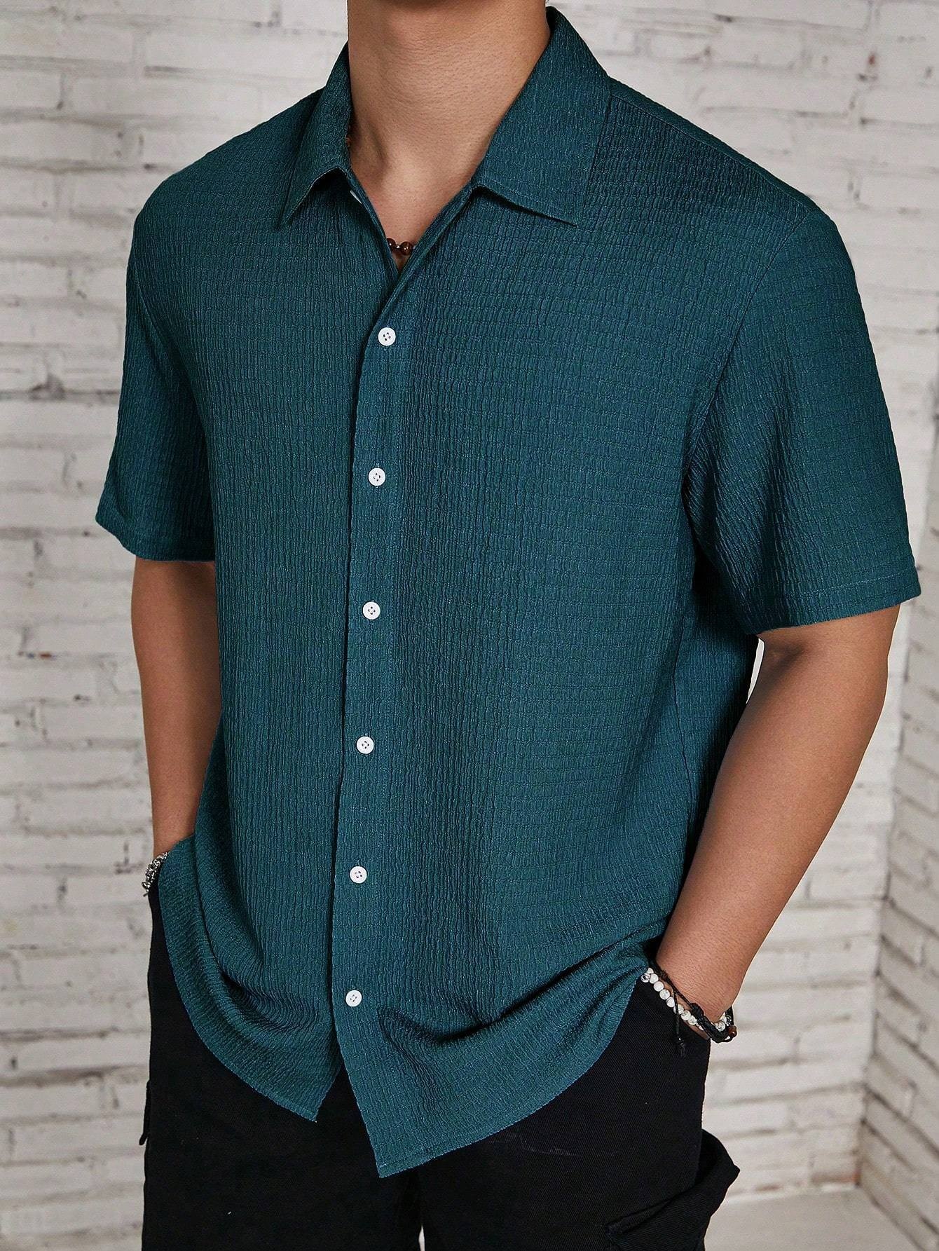 Men's Textured Cuban Collar Short Sleeve Button Up Shirt