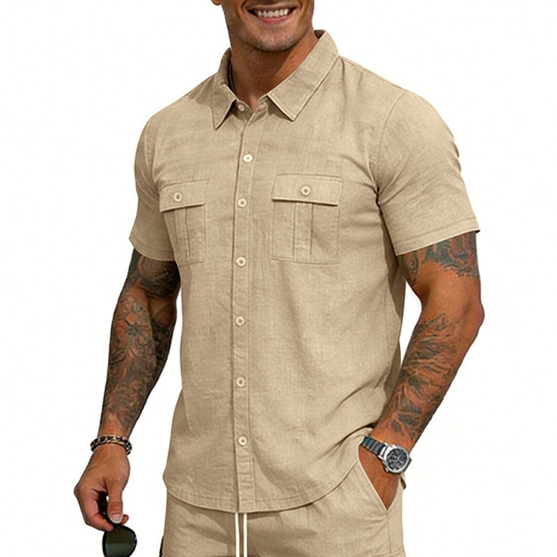 Men's Casual Short Sleeve Button Up Blend Shirt