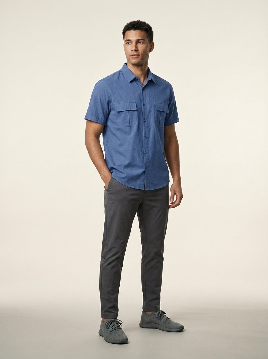 Men's Casual Short Sleeve Button Up Blend Shirt