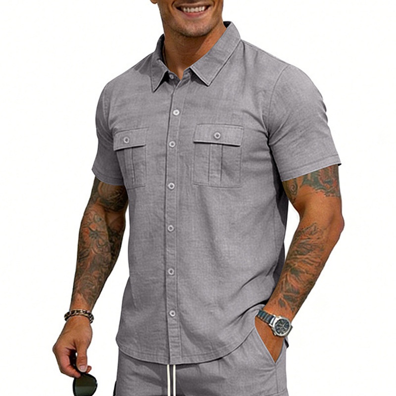 Men's Casual Short Sleeve Button Up Blend Shirt