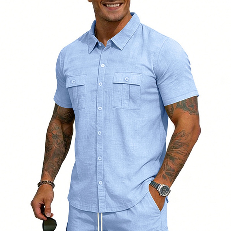 Men's Casual Short Sleeve Button Up Blend Shirt