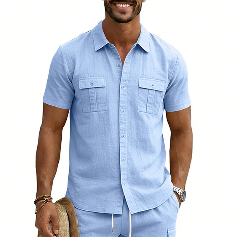 Men's Casual Short Sleeve Button Up Blend Shirt