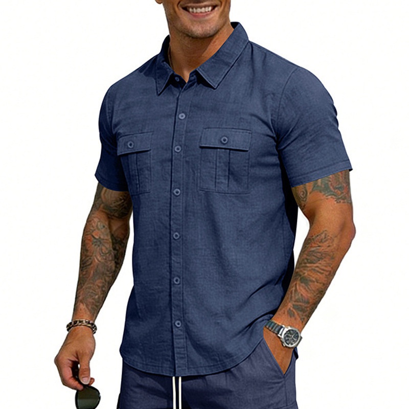Men's Casual Short Sleeve Button Up Blend Shirt