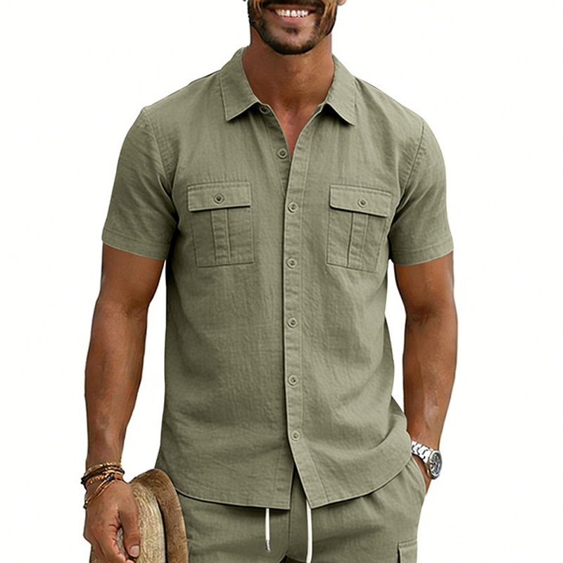 Men's Casual Short Sleeve Button Up Blend Shirt
