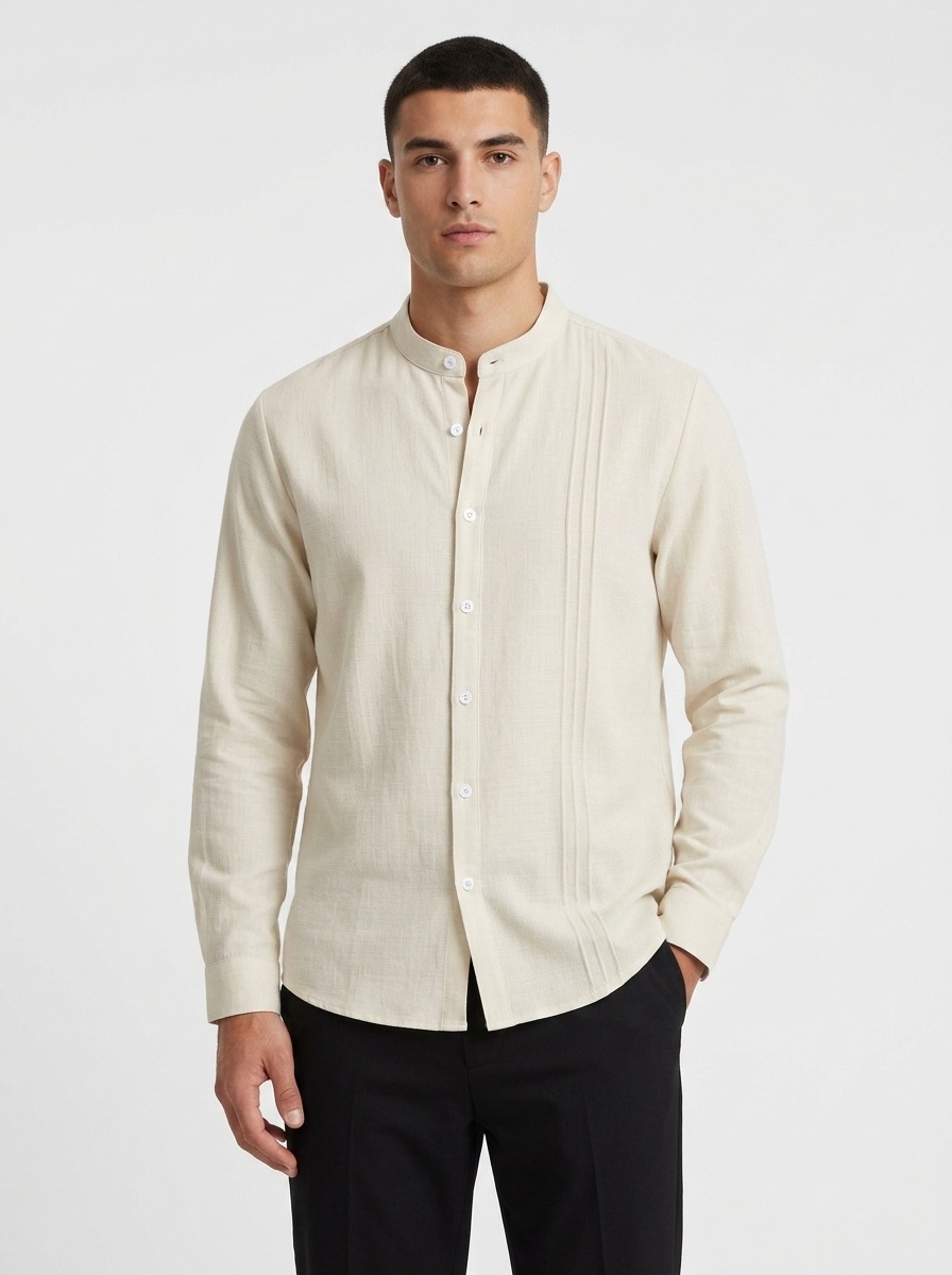 Men's Band Collar Pleated Casual Shirt Long Sleeve