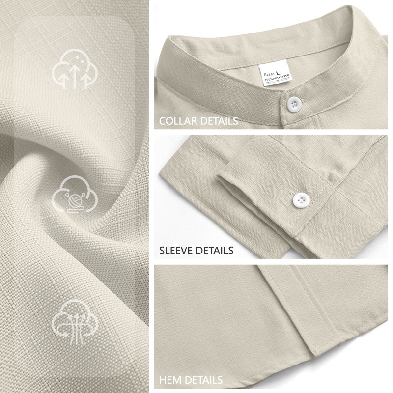 Men's Band Collar Pleated Casual Shirt Long Sleeve