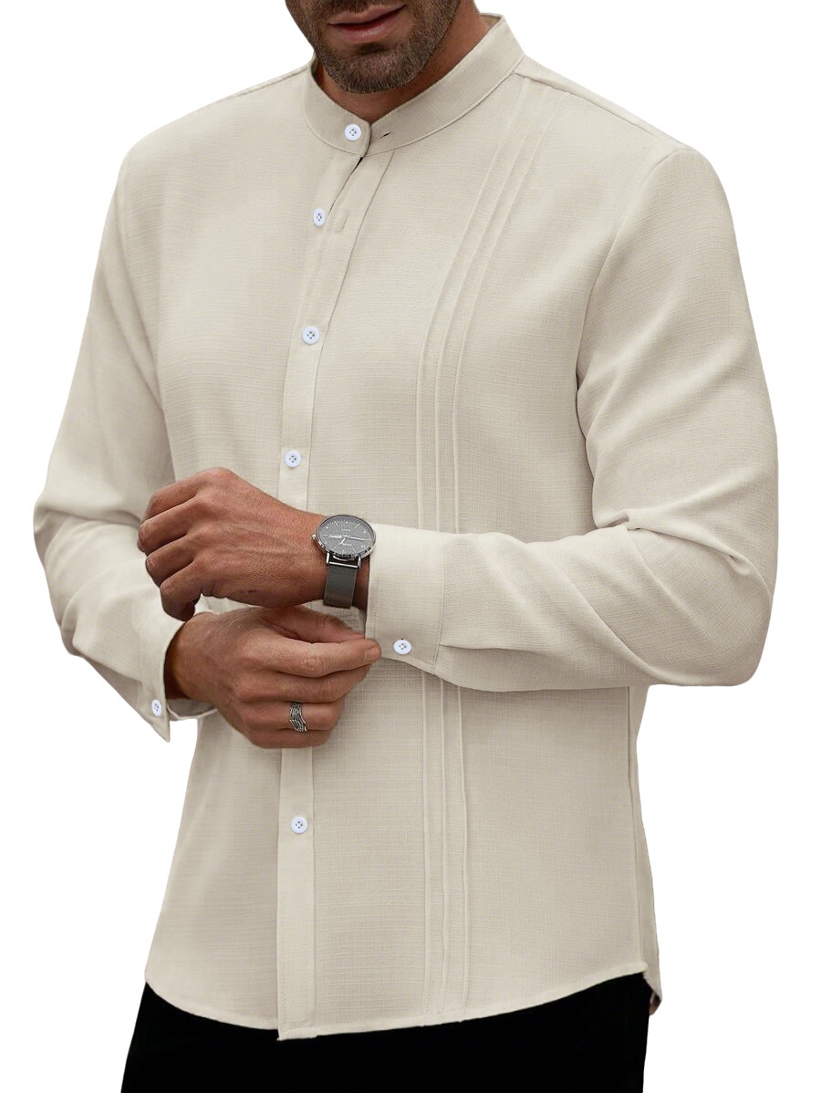 Men's Band Collar Pleated Casual Shirt Long Sleeve