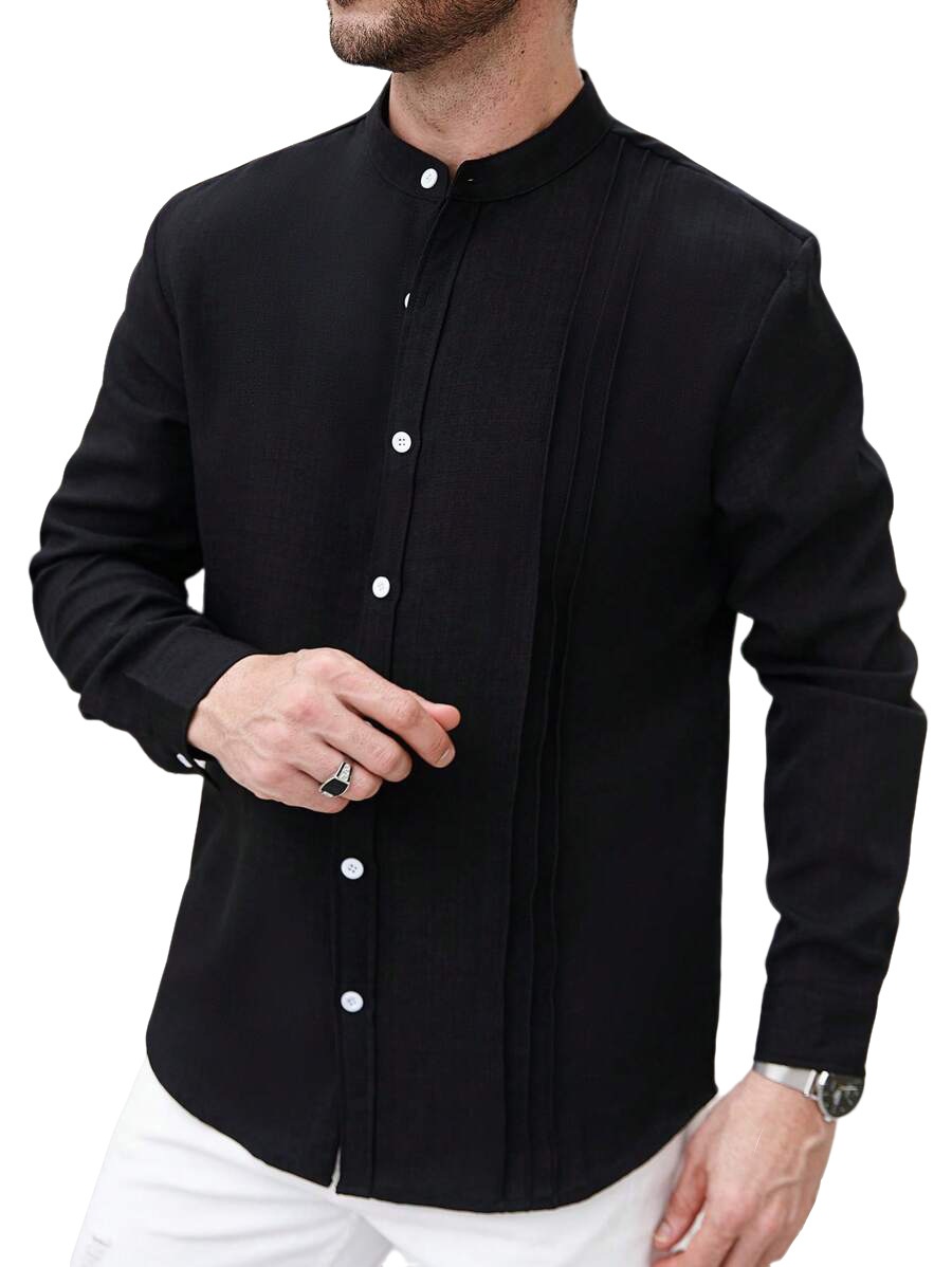 Men's Band Collar Pleated Casual Shirt Long Sleeve