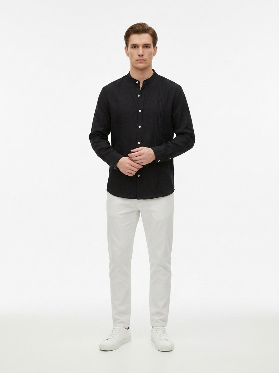 Men's Band Collar Pleated Casual Shirt Long Sleeve