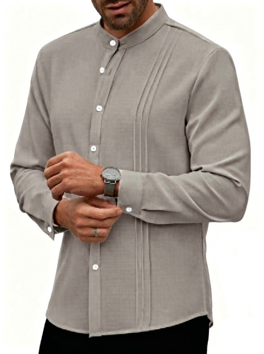 Men's Band Collar Pleated Casual Shirt Long Sleeve