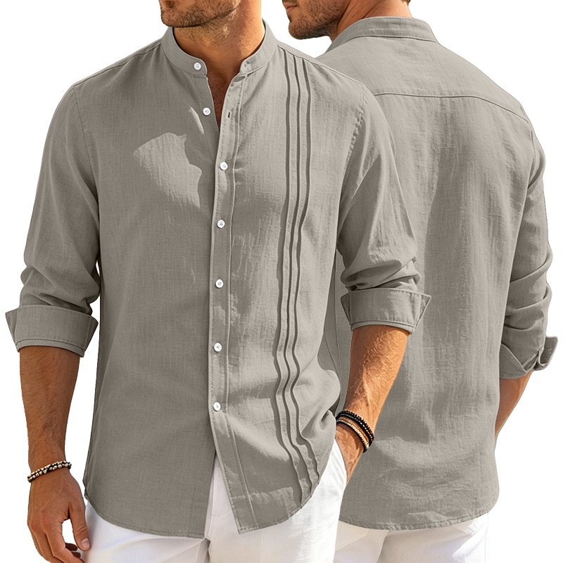 Men's Band Collar Pleated Casual Shirt Long Sleeve