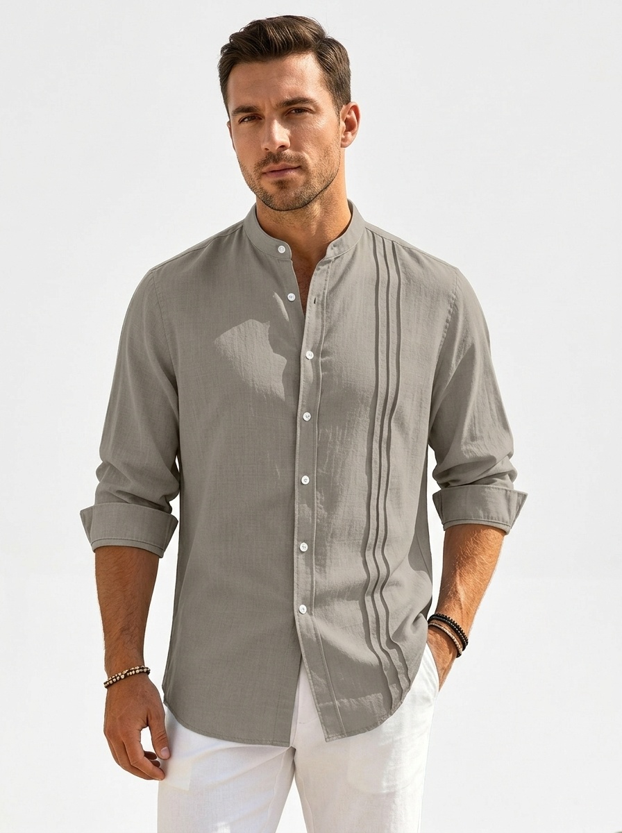 Men's Band Collar Pleated Casual Shirt Long Sleeve