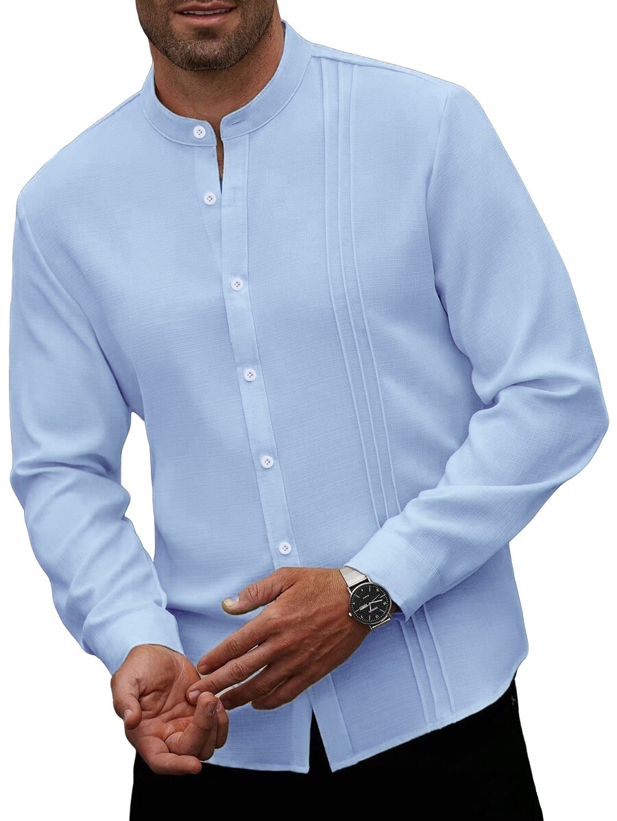 Men's Band Collar Pleated Casual Shirt Long Sleeve