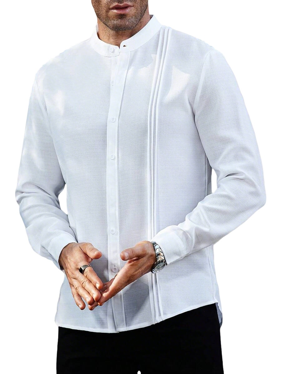 Men's Band Collar Pleated Casual Shirt Long Sleeve