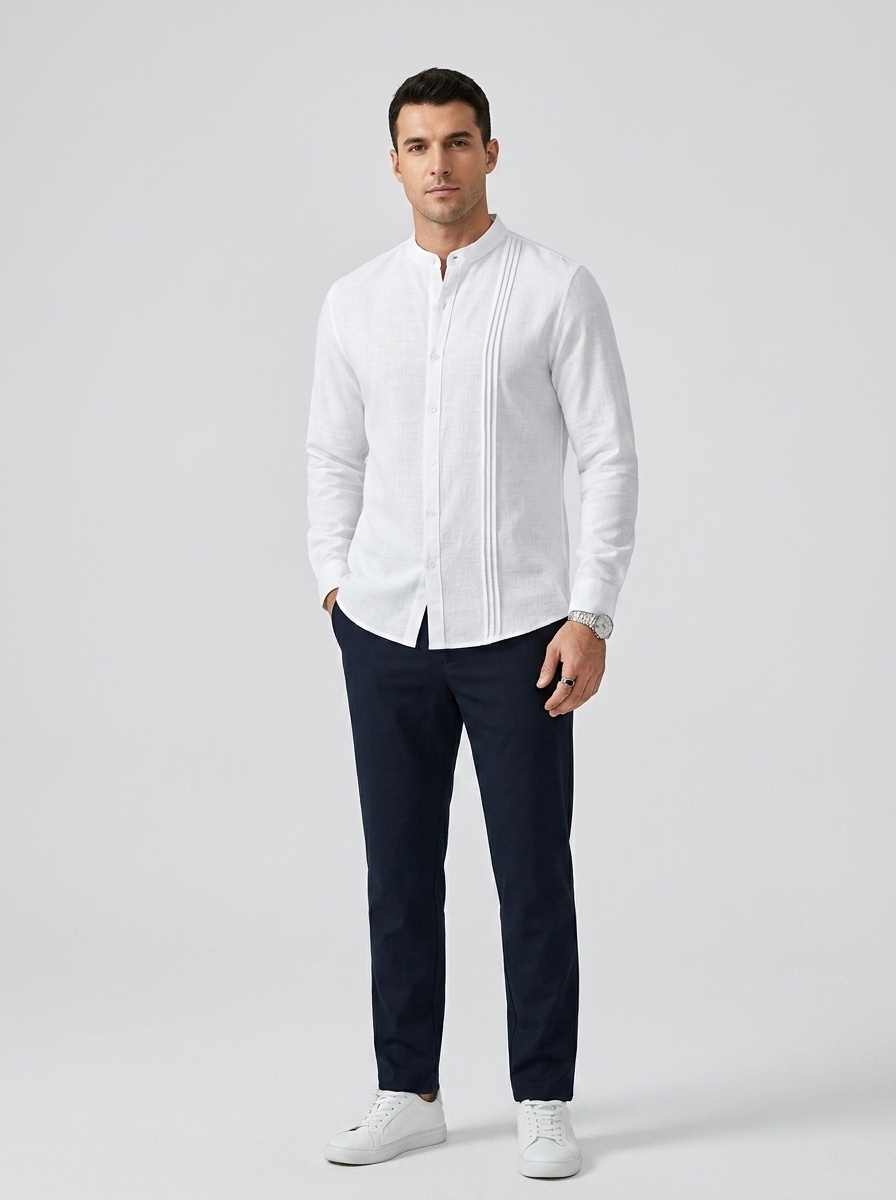 Men's Band Collar Pleated Casual Shirt Long Sleeve