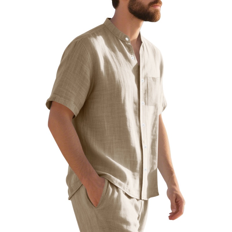 Men's Casual Blend Short Sleeve Band Collar Shirt
