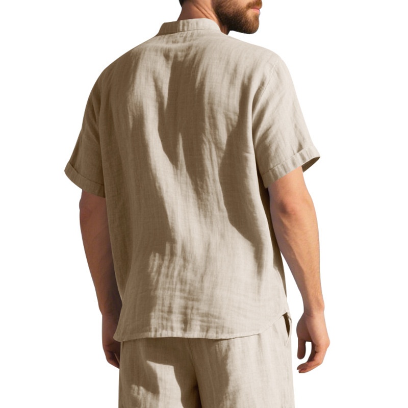 Men's Casual Blend Short Sleeve Band Collar Shirt