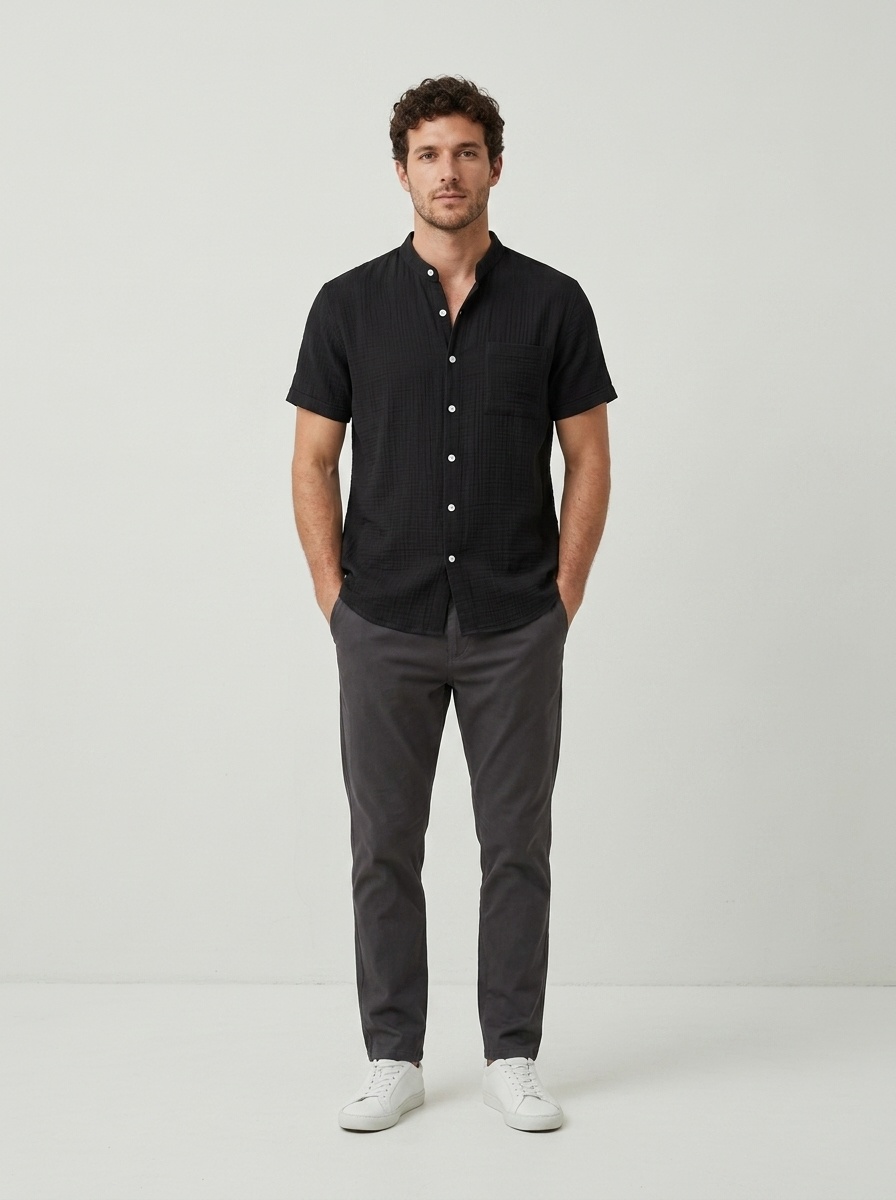 Men's Casual Blend Short Sleeve Band Collar Shirt