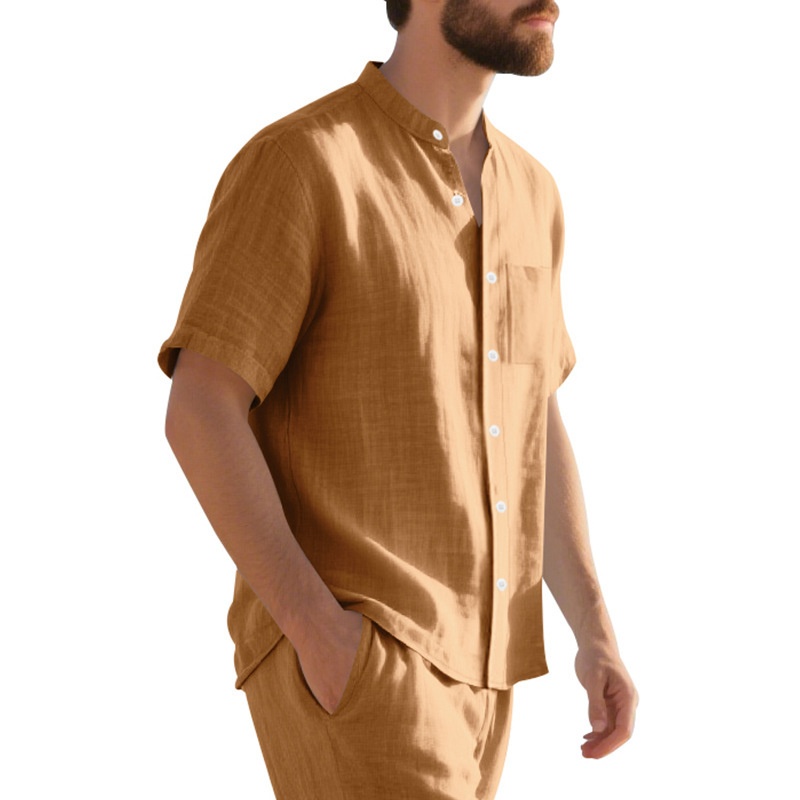 Men's Casual Blend Short Sleeve Band Collar Shirt