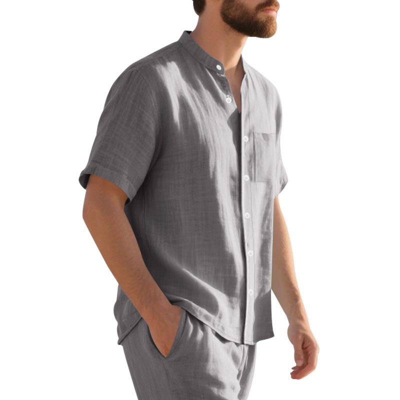 Men's Casual Blend Short Sleeve Band Collar Shirt