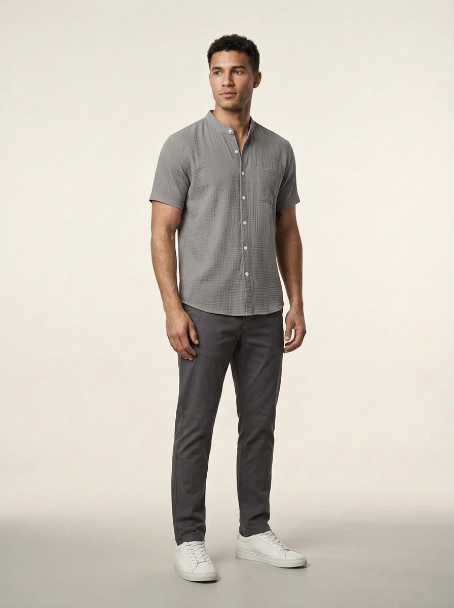 Men's Casual Blend Short Sleeve Band Collar Shirt