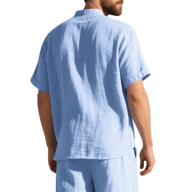 Men's Casual Blend Short Sleeve Band Collar Shirt
