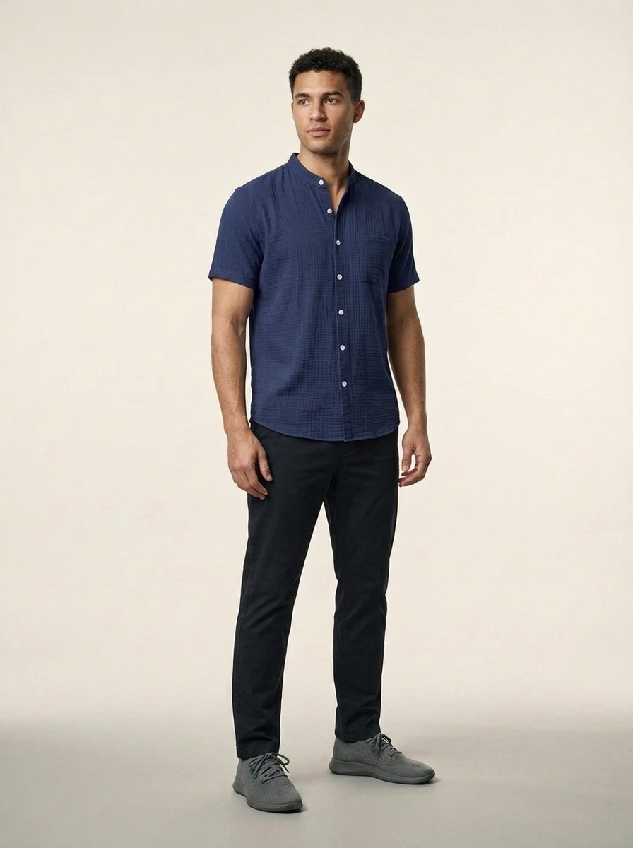 Men's Casual Blend Short Sleeve Band Collar Shirt