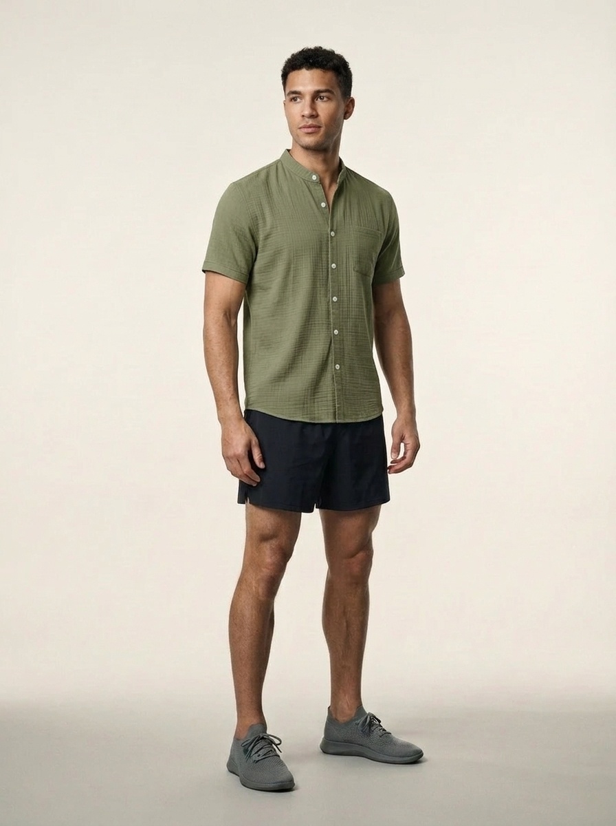 Men's Casual Blend Short Sleeve Band Collar Shirt
