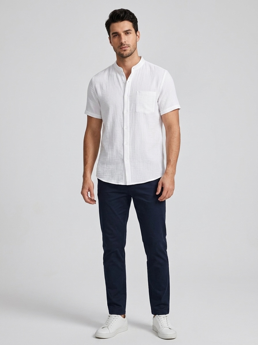 Men's Casual Blend Short Sleeve Band Collar Shirt