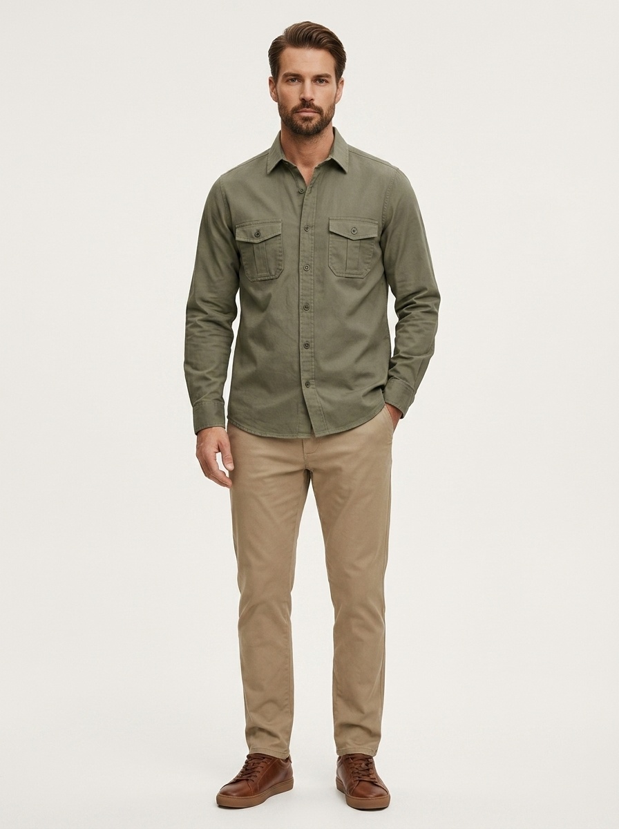 Men's Casual Long Sleeve Button-Up Shirt with Pockets