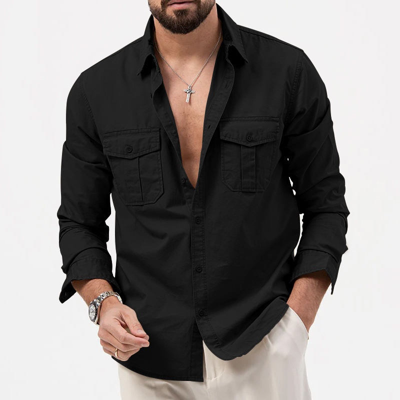 Men's Casual Long Sleeve Button-Up Shirt with Pockets