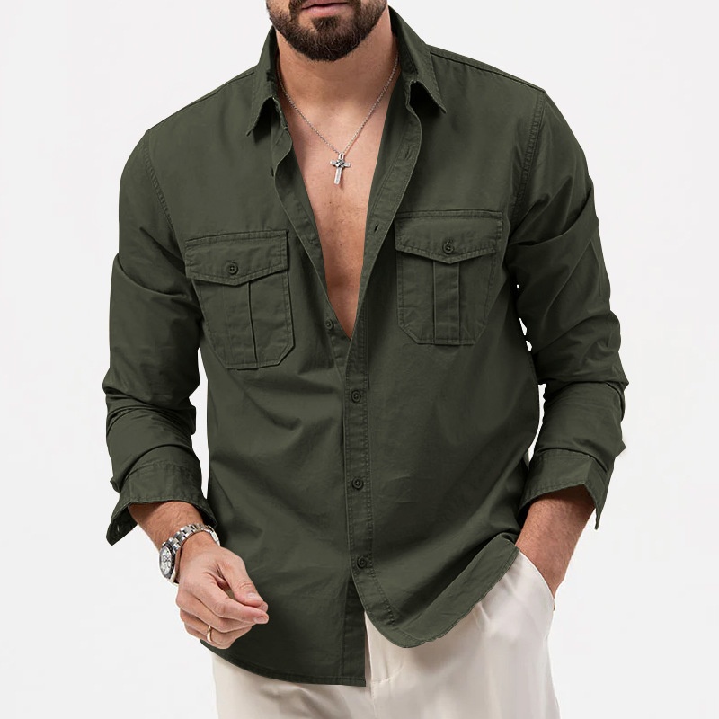 Men's Casual Long Sleeve Button-Up Shirt with Pockets