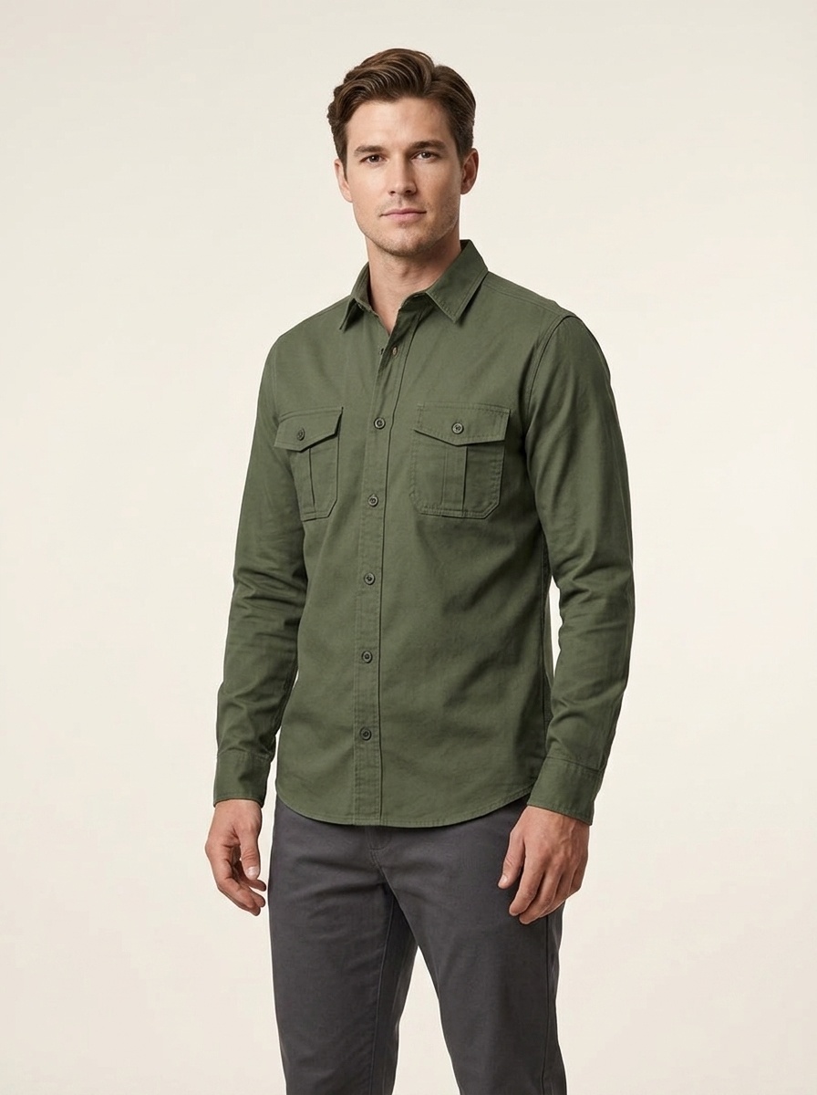 Men's Casual Long Sleeve Button-Up Shirt with Pockets