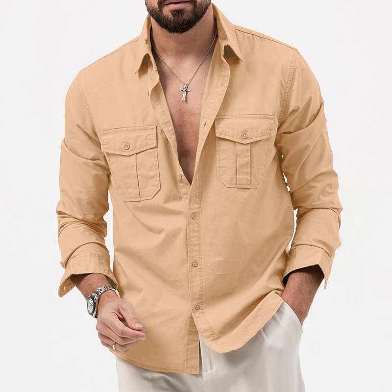 Men's Casual Long Sleeve Button-Up Shirt with Pockets