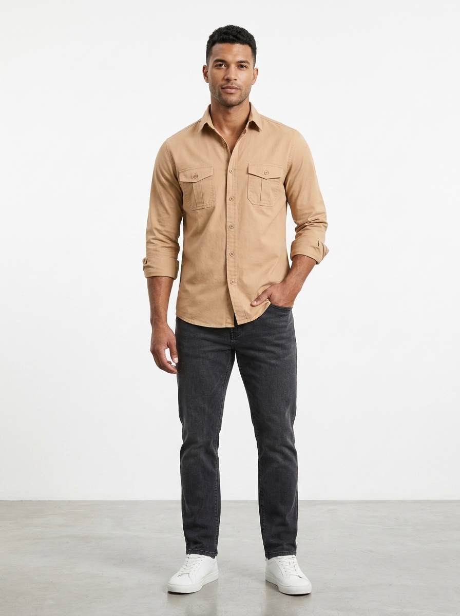 Men's Casual Long Sleeve Button-Up Shirt with Pockets
