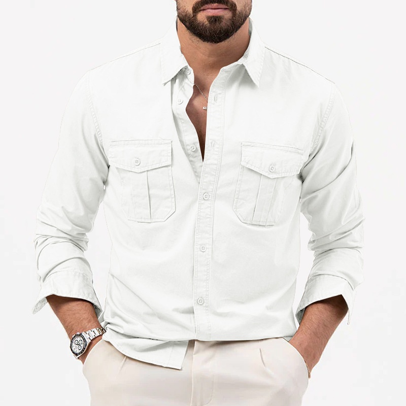 Men's Casual Long Sleeve Button-Up Shirt with Pockets